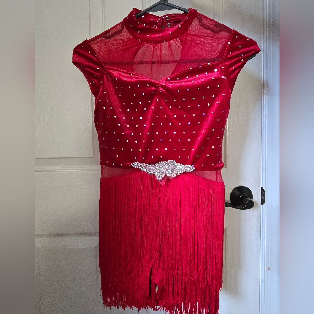 Weissman Red velvet crystal fringe dance costume